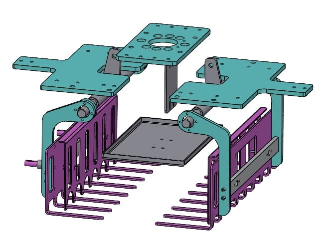 Desenho CAD de mecanismo industrial com estrutura articulada.